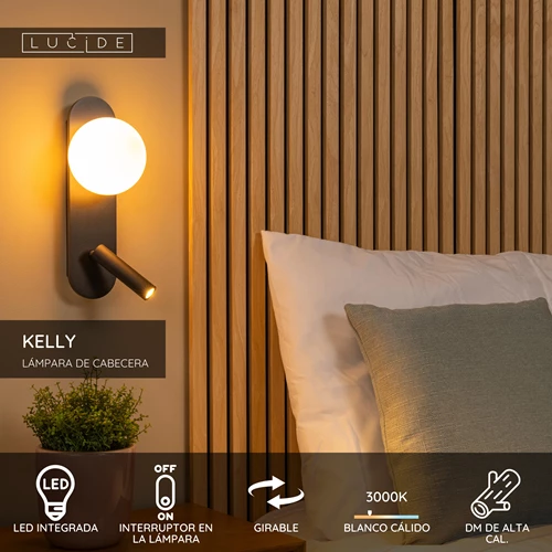 Lucide KELLY - Lámpara de cabecera / Lámpara de pared - LED - 1x3,5W 3000K - Negro - USP
